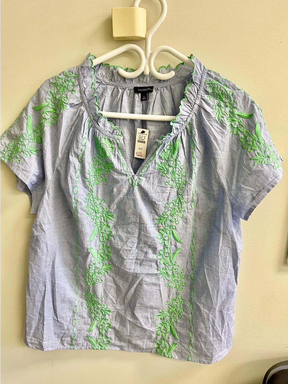 Talbots Blue Short-Sleeve Embroidered Peasant Blouse with Green Accents